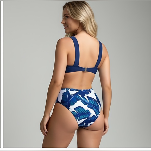 High Waist Blue Tropical Print Bikini Swimsuit - Picture 3 of 8